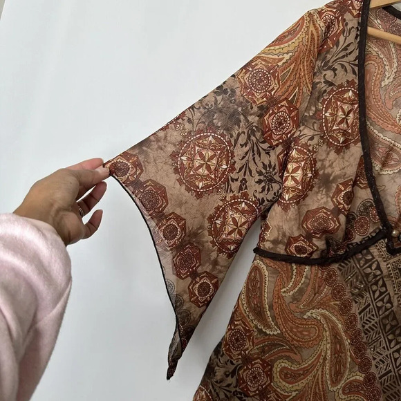 90s Y2K Vtg Talent Top 1XL Paisley Boho Fairy Grunge Whimsigoth Sheer V neck - Picture 4 of 12